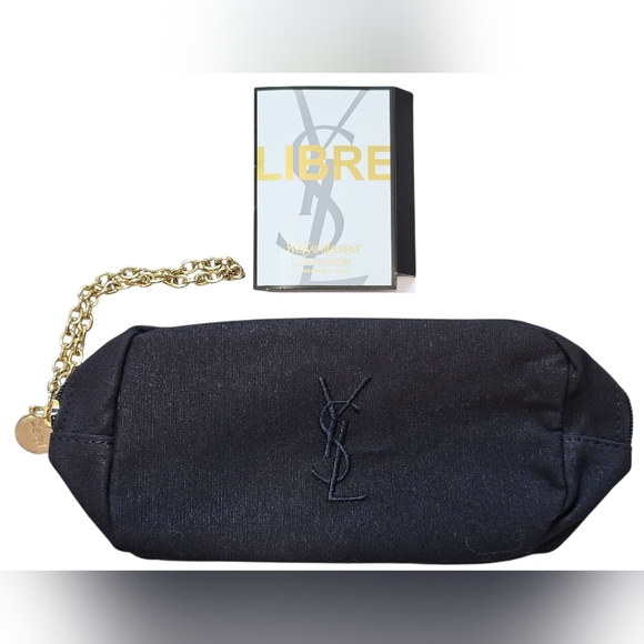 Yves Saint Laurent YSL Black Makeup Wristlet w/Gold Chain And Parfum Sample, New - Picture 1 of 10